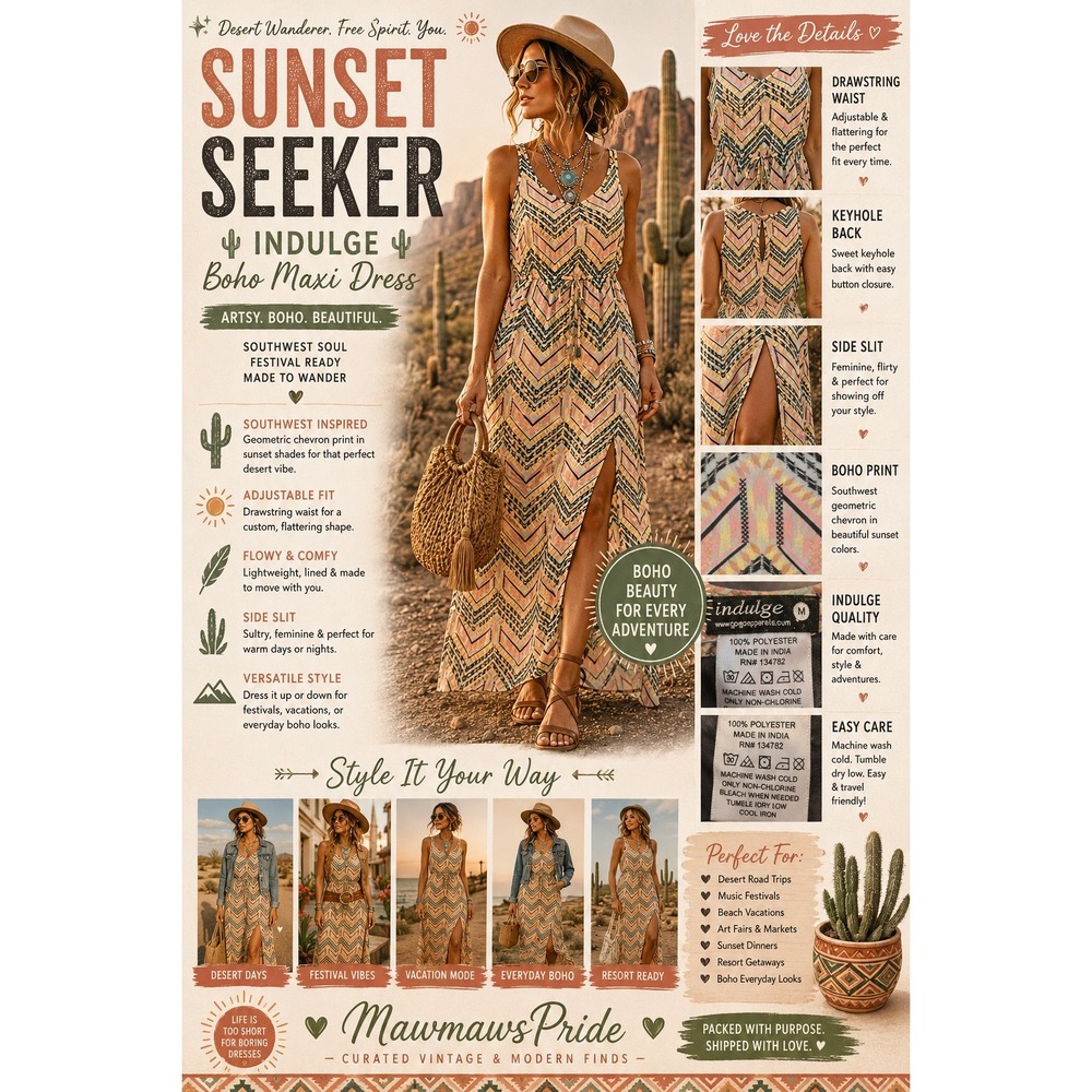 Indulge Boho Desert Maxi Dress Southwestern Festival Art Teacher Western Chic M
